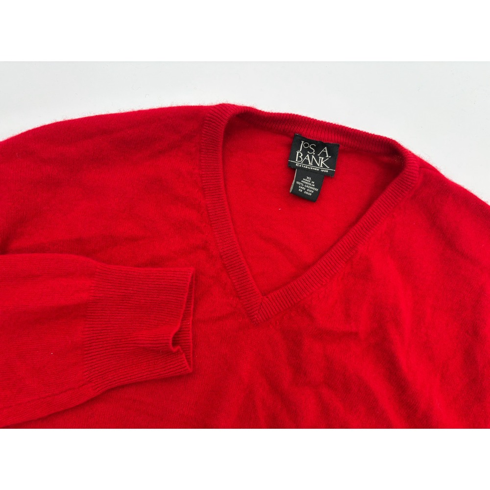 Jos A Bank Men's 100% Cashmere Red V-Neck Long Sleeve Pullover Sweater, XL